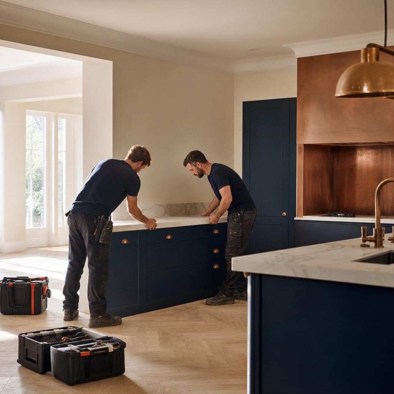 Gebrauchtküchen-Einbau-Service: Monteur baut eine gebrauchte Einbauküche in einer neuen Wohnung auf