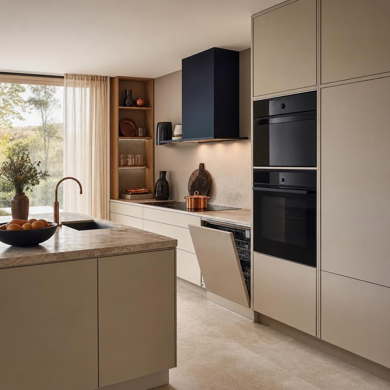 Küche mit hochwertigen Einbaugeräten: Backofen auf Augenhöhe und Induktionskochfeld