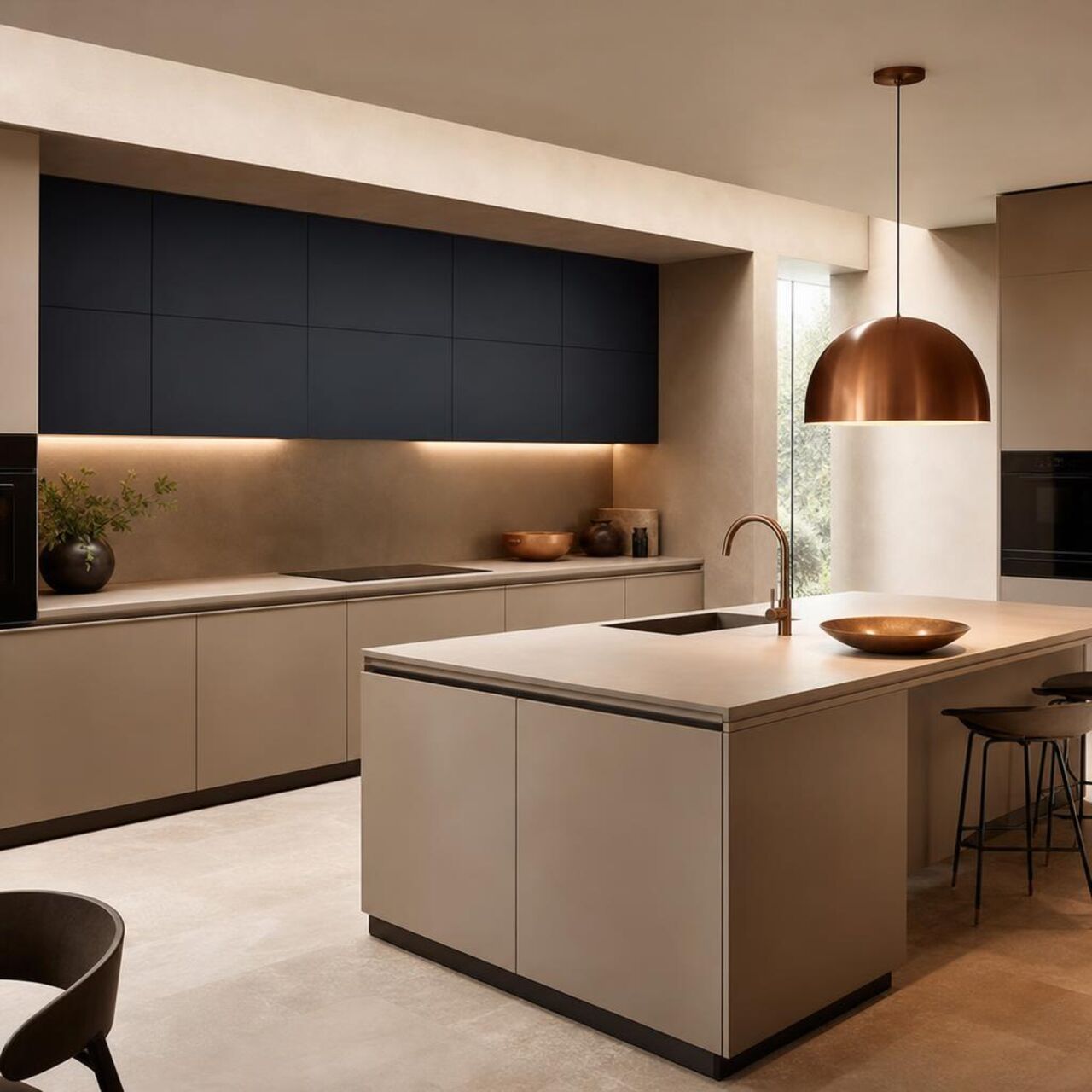 Moderne grifflose Designküche mit klaren Linien und indirekter Beleuchtung