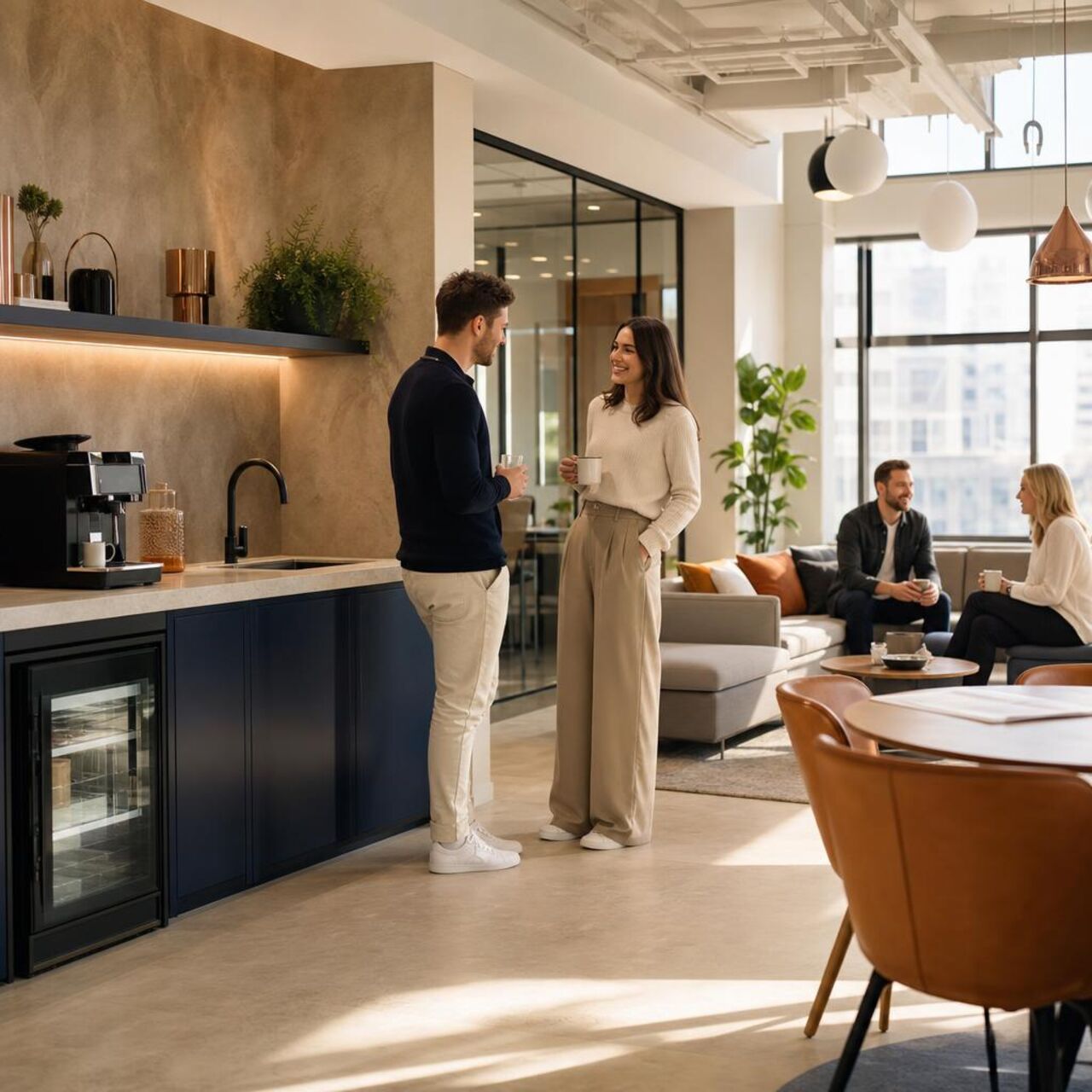 Teeküche in einem Büro mit Spüle, Kaffeemaschine und Oberschränken